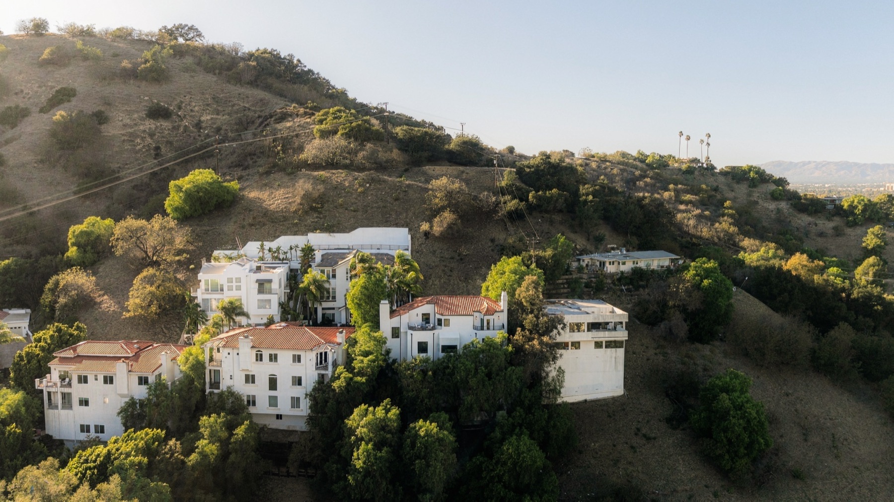 Aerial over the Studio City hills at sunrise