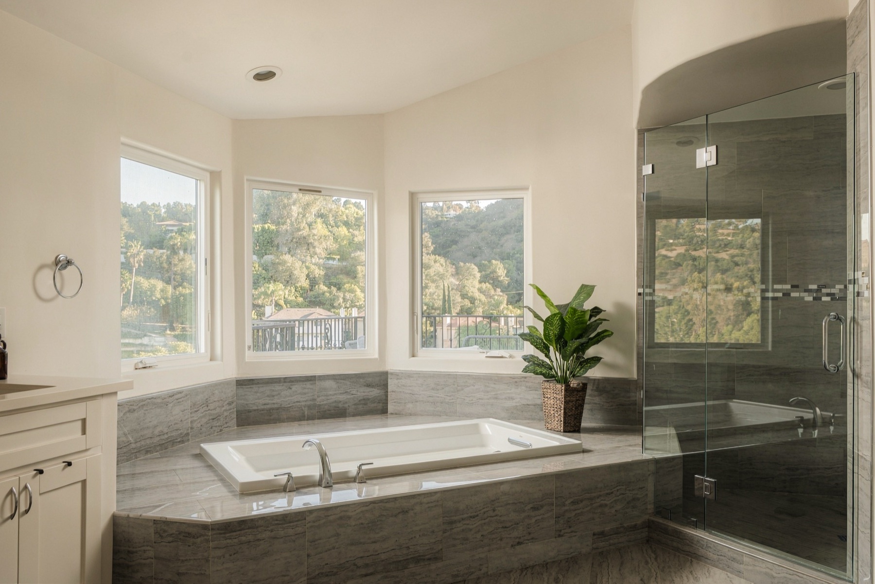 Primary bath soaking tub in a bay of windows over the canyon, with a glass shower